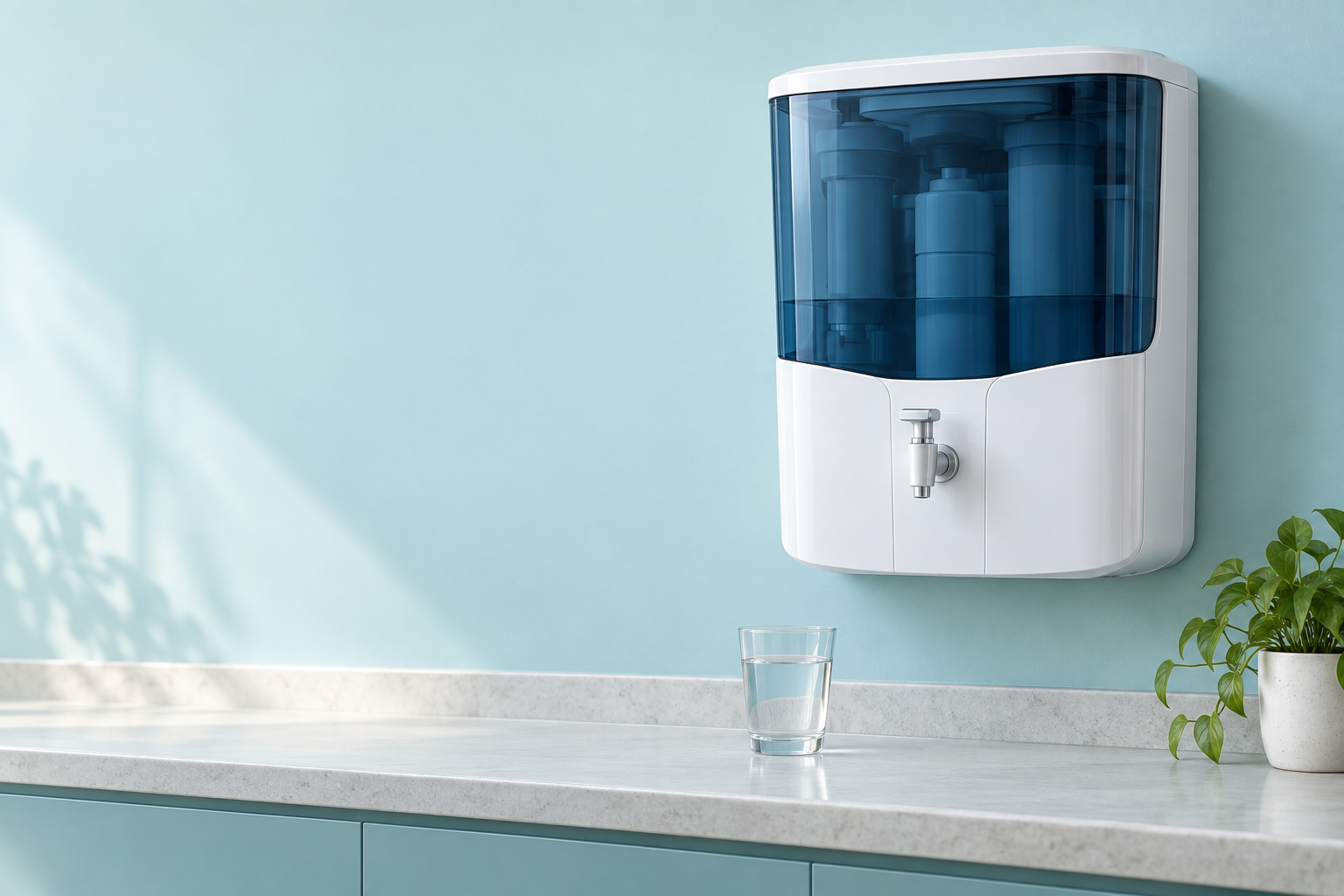 A white RO water purifier and a glass of water in a bright kitchen